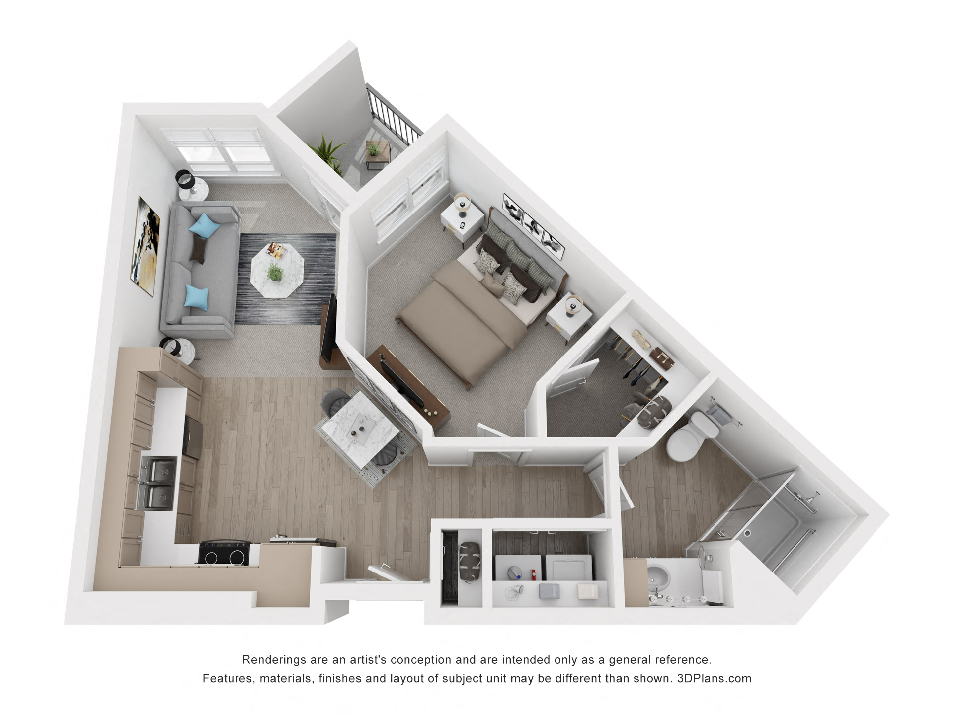 Floor plan for 1 bed, 1 bath, 621 sqft